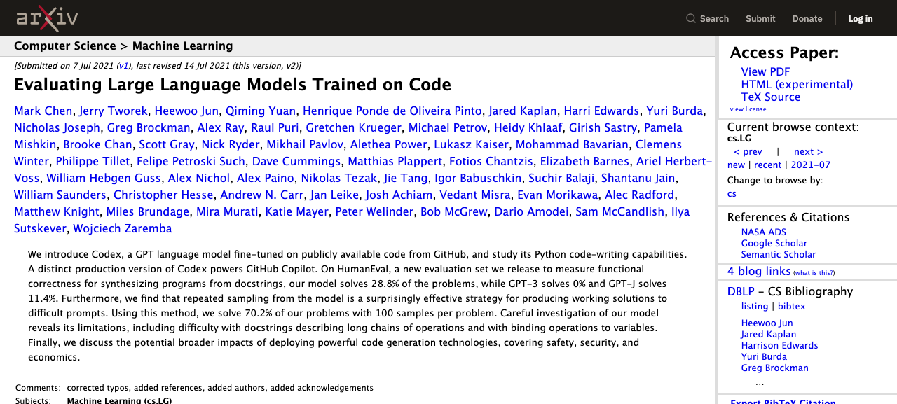 ArXiv abstract page for Evaluating Large Language Models Trained on Code
