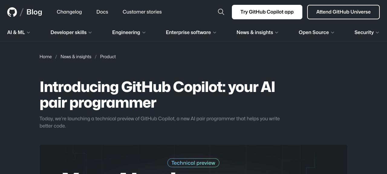 GitHub Blog page announcing GitHub Copilot