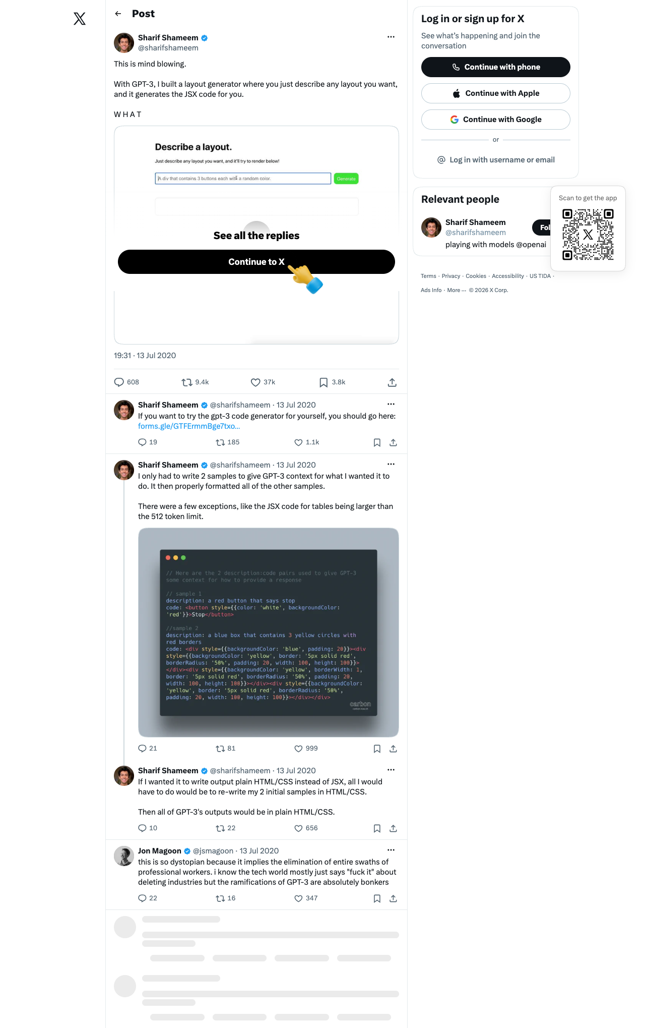 Sharif Shameem's July 2020 X thread showing a GPT-3 JSX layout generator