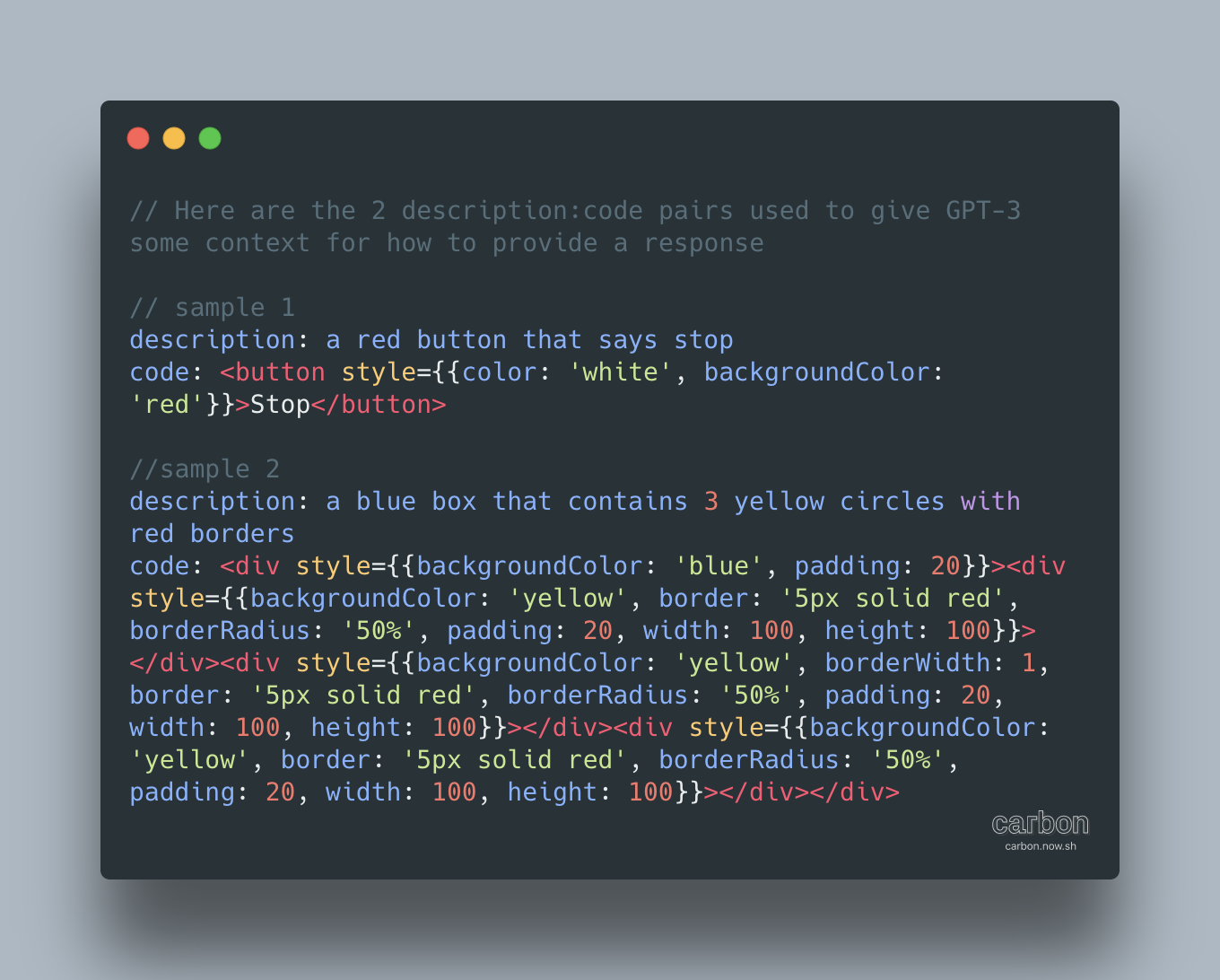The two description-to-JSX examples used as in-context demonstrations